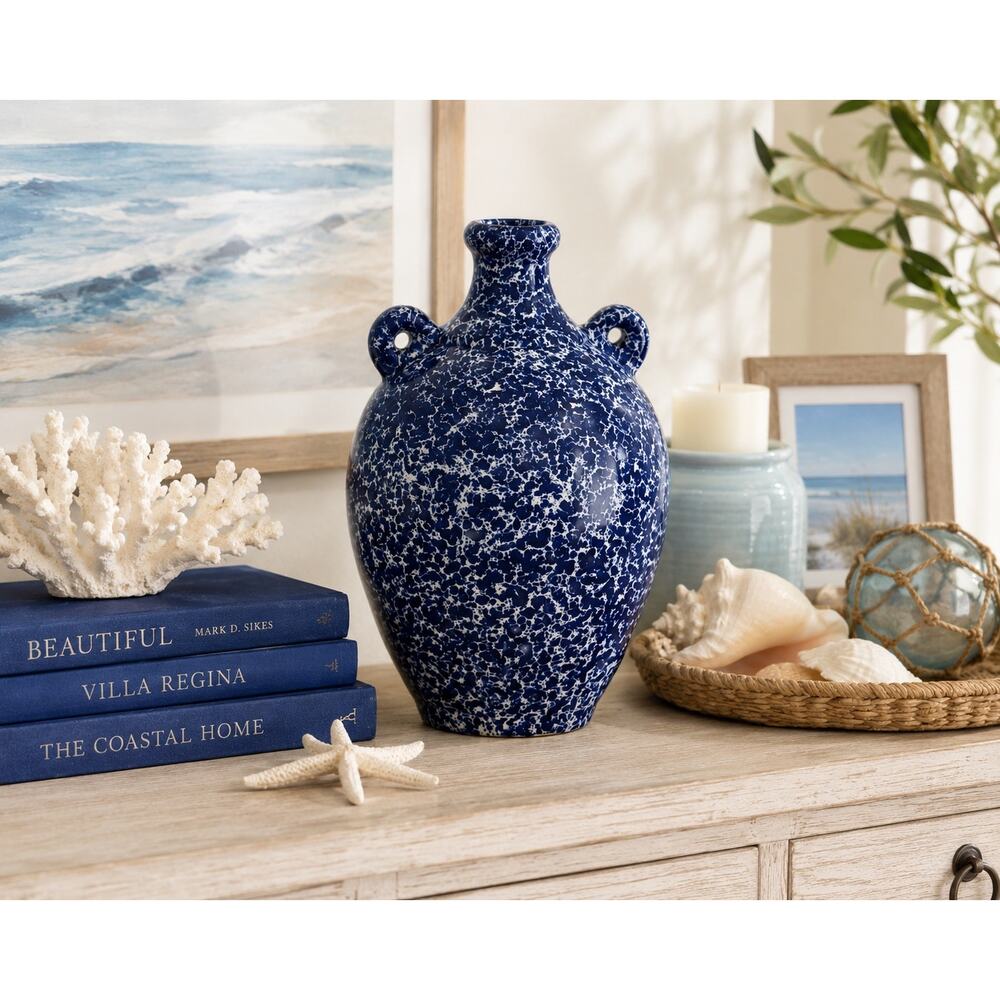 Haeger Blue White Splatter Glaze Vase Double Handle Pottery Amphora 11